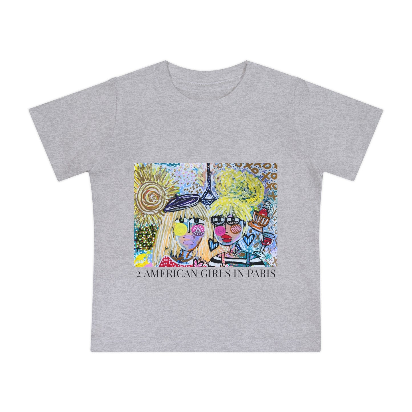 "2 AMERICAN GIRLS IN PARIS" Girl Talk Art Baby Short Sleeve T-Shirt