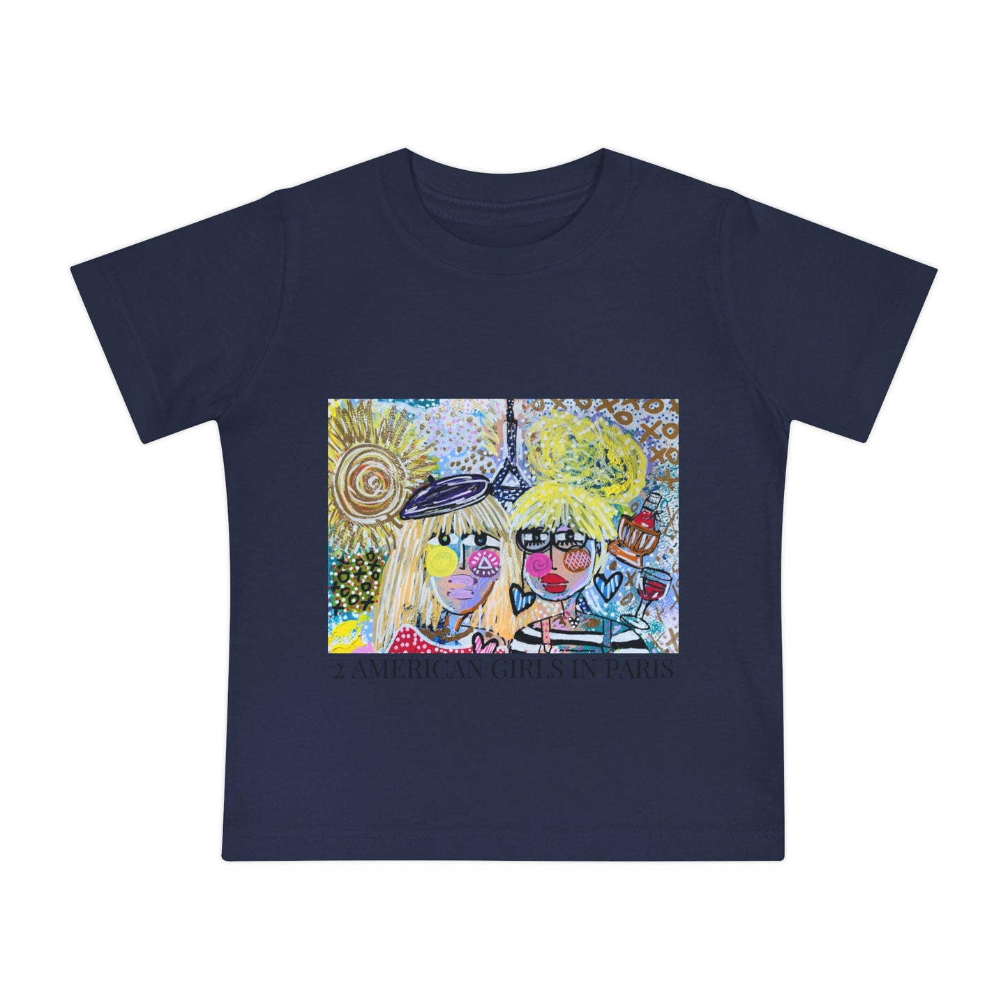 "2 AMERICAN GIRLS IN PARIS" Girl Talk Art Baby Short Sleeve T-Shirt